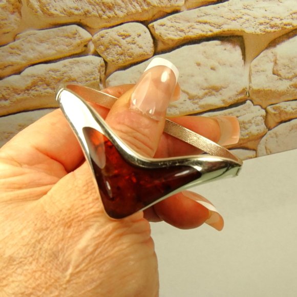 MODERNIST AMBER 925 SILVER BANGLE BRACELET HINGED RARE - Picture 2 of 10